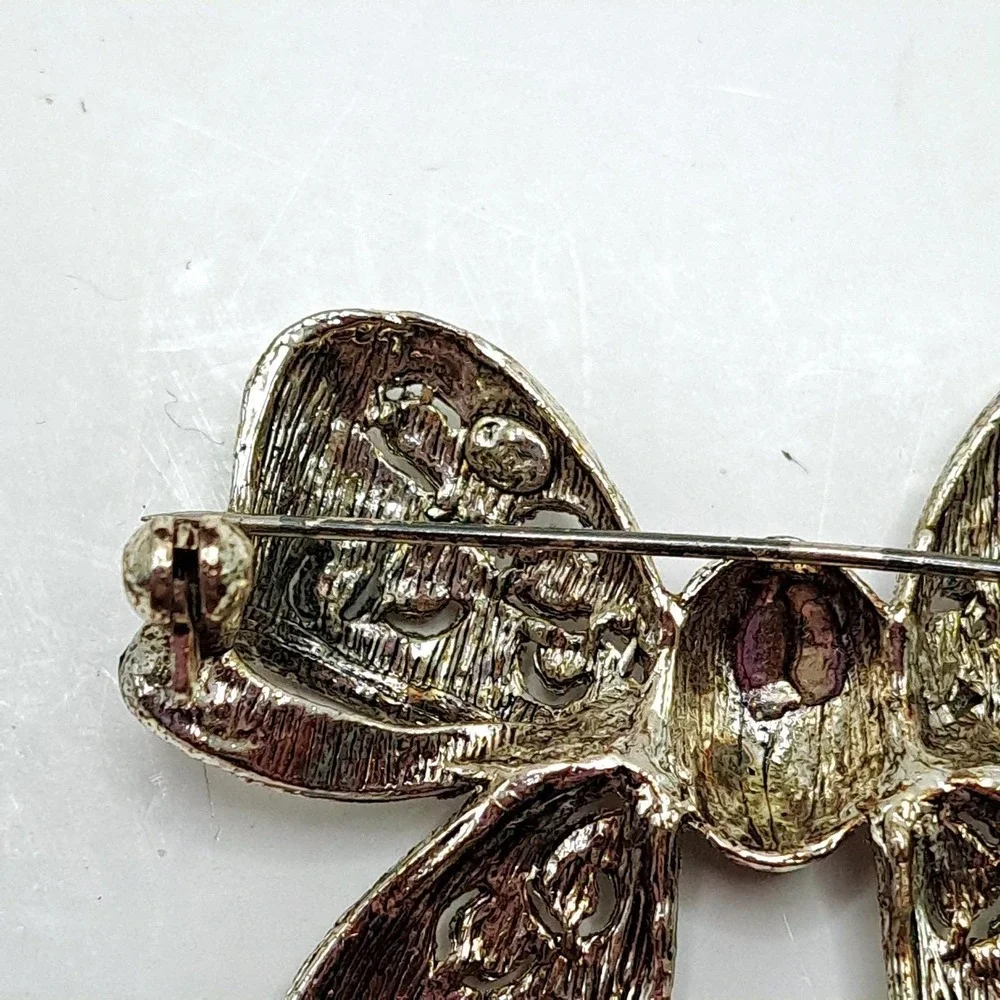 Vintage‎ Silver Tone Bow Brooch Marcasite Style Rhinestone Filigree Pin 2.5